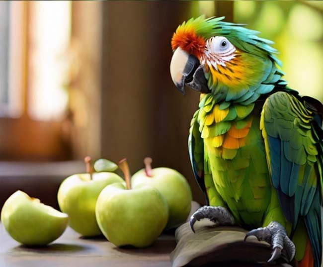 A colorful parrot with emerald feathers, snacking on crisp green apples while basking in the warm sunlight