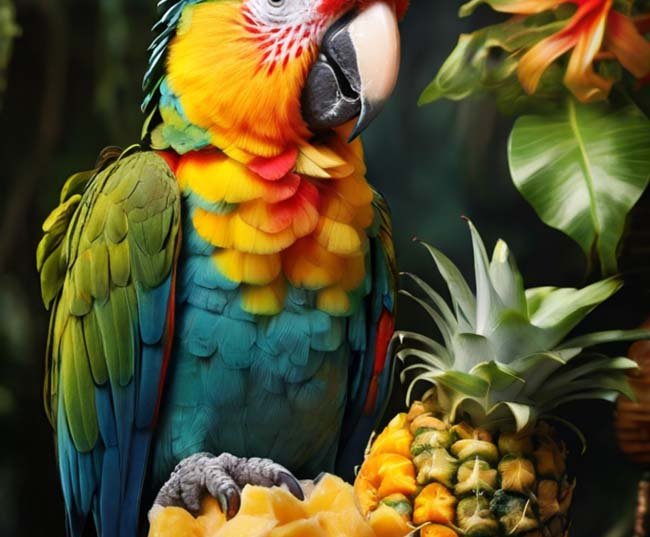 A vibrant parrot delicately nibbles on a juicy pineapple, surrounded by a lush tropical forest