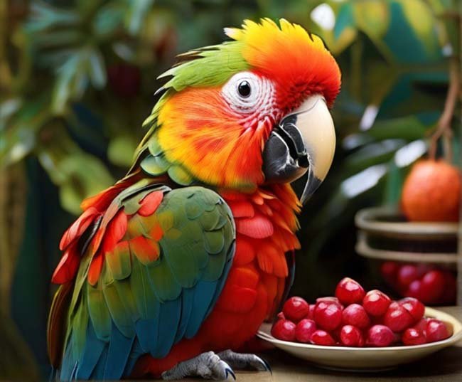 A tropical paradise comes to life as a parrot indulges in a feast of plump, red cranberries