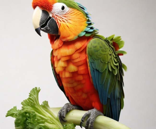 A vibrant parrot perched on a branch, delicately nibbling on a crisp stalk of celery