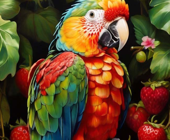 A vibrant parrot feasting on juicy, ripe strawberries in a lush tropical paradise