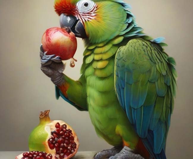 A parrot with bright green feathers, delicately holding a pomegranate seed in its claw