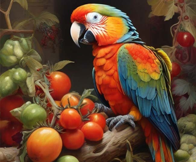 A vibrant parrot with colorful feathers perched on a branch, delicately pecking at juicy red tomatoes