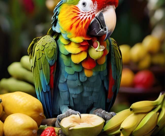 A vibrant parrot with colorful feathers feasting on a bunch of ripe bananas